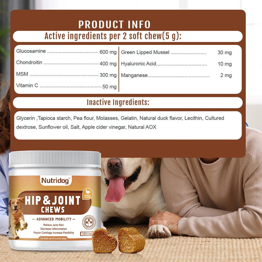 Hip and Joint Supplement for Dogs with Glucosamine, Chondroitin, and MSM - Duck Flavor Chews for Joint Health