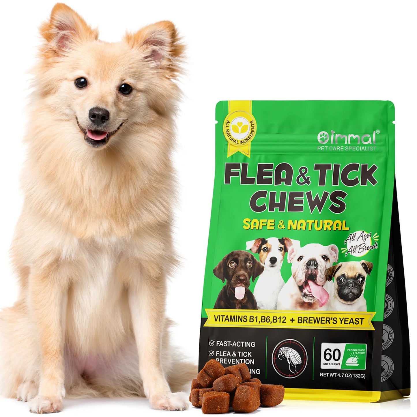 Natural Flea and Tick Prevention for Dogs - 60 Fast-Acting Chewables for All Breeds and Ages