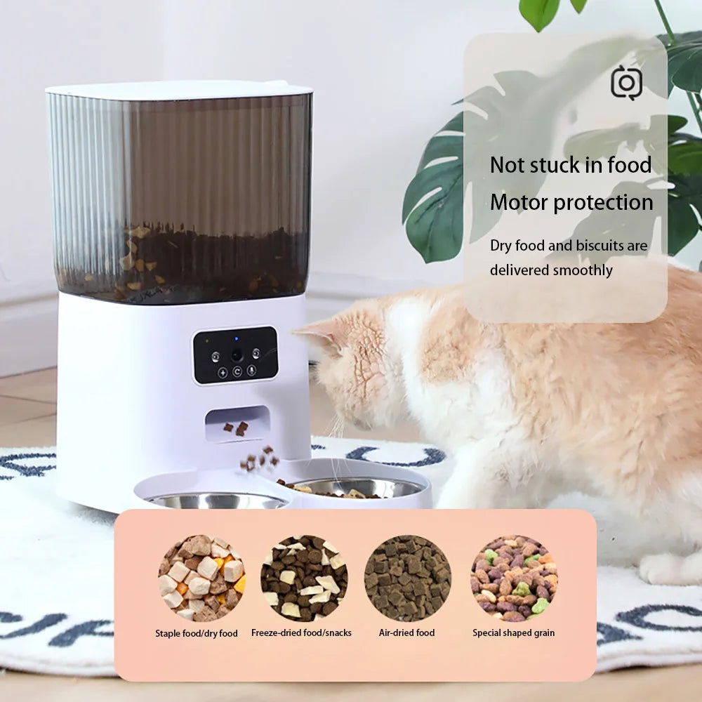 5L Smart Automatic Cat Feeder with Dual Bowls and Integrated Camera, Voice Recorder, and Dry Food Dispenser for Cats and Dogs