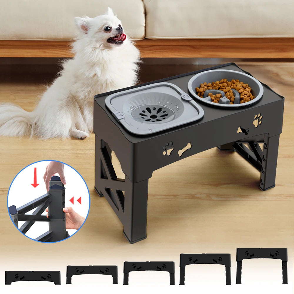 3-in-1 Adjustable Height Pet Feeder with Slow Feed Bowls and Foldable Design for Versatile Use
