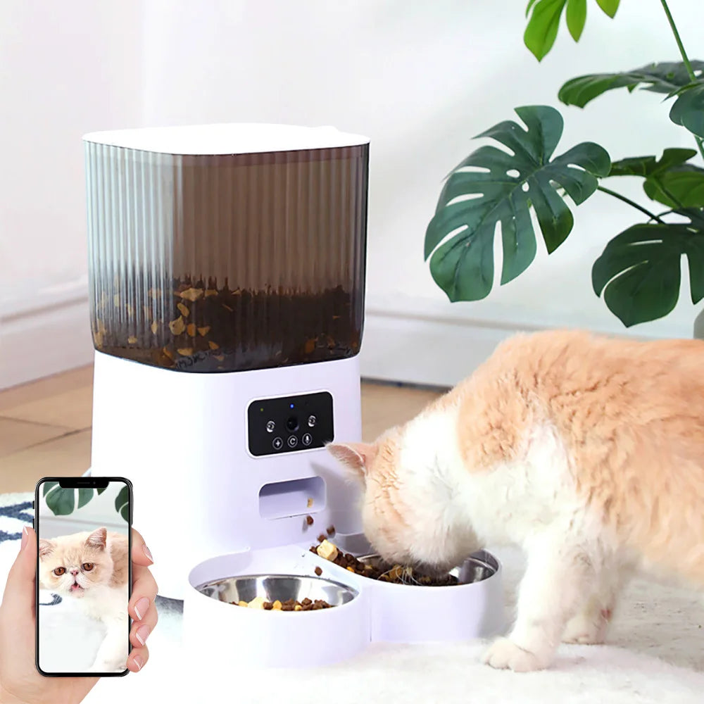 5L Smart Automatic Cat Feeder with Dual Bowls and Integrated Camera, Voice Recorder, and Dry Food Dispenser for Cats and Dogs