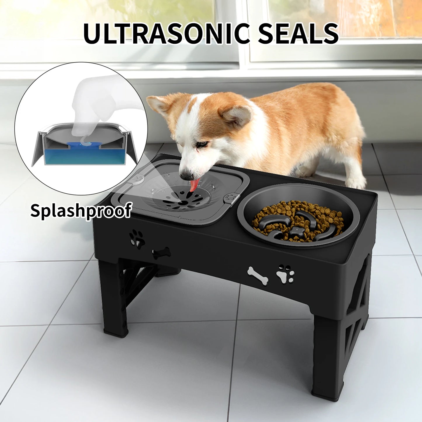 3-in-1 Adjustable Height Pet Feeder with Slow Feed Bowls and Foldable Design for Versatile Use