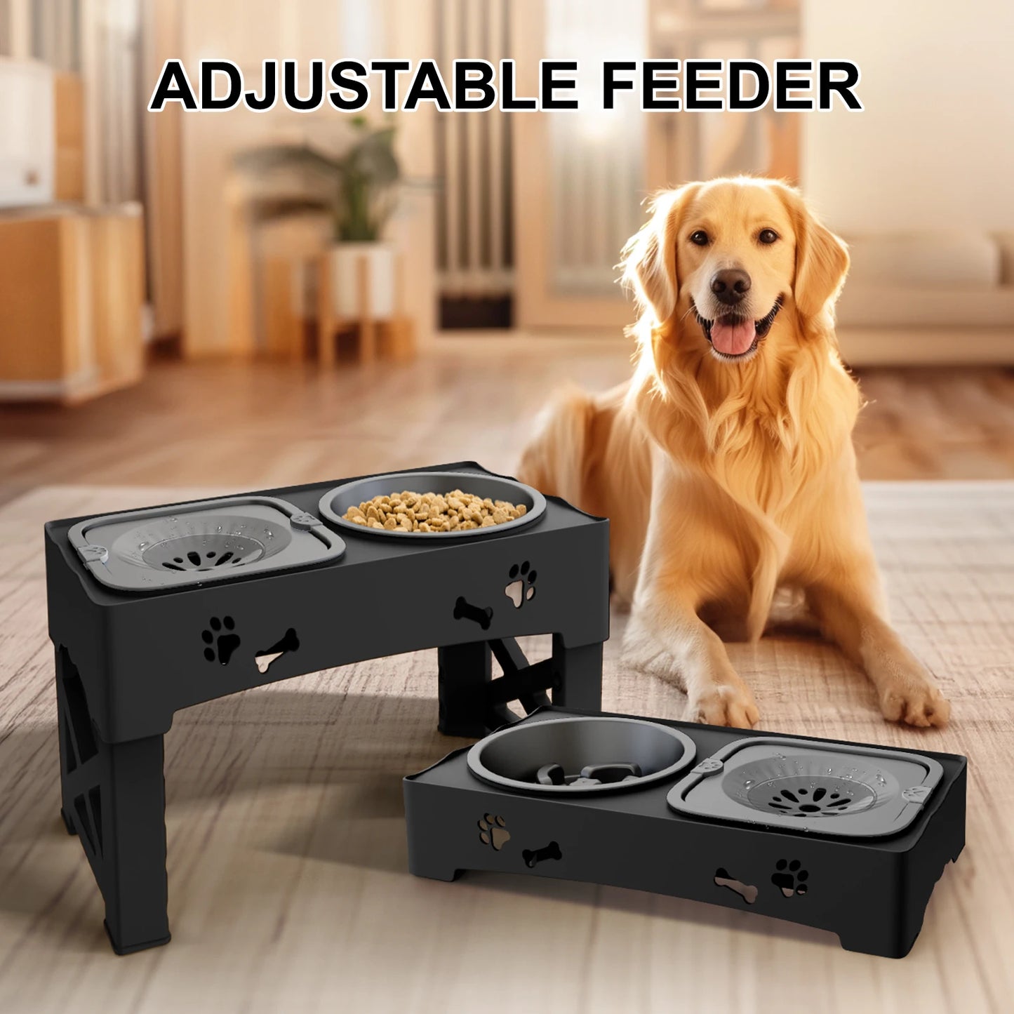 3-in-1 Adjustable Height Pet Feeder with Slow Feed Bowls and Foldable Design for Versatile Use