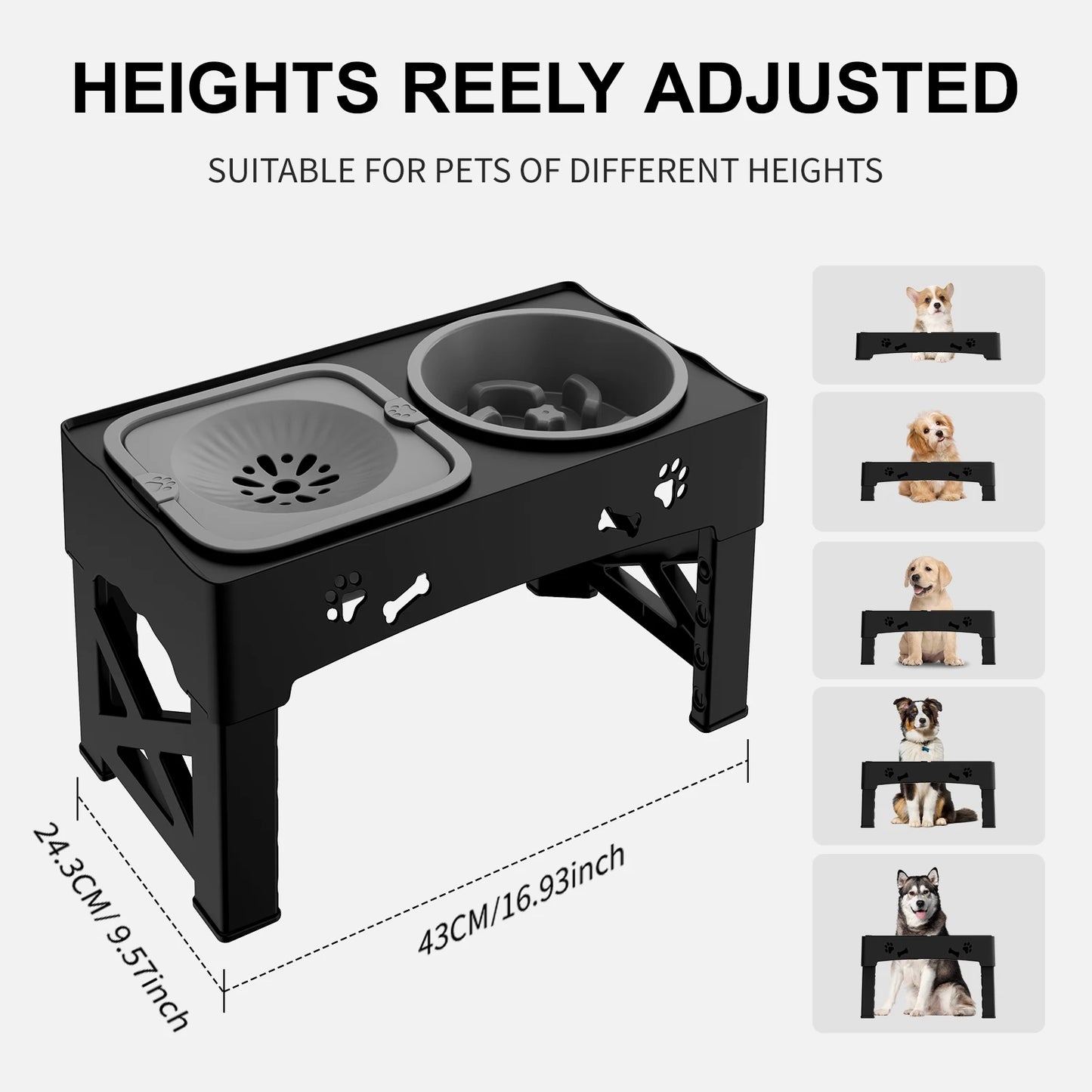 3-in-1 Adjustable Height Pet Feeder with Slow Feed Bowls and Foldable Design for Versatile Use