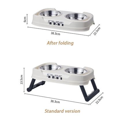 Pet Folding Elevated Bowl, Dog anti Rollover Adjustable Stainless Steel Food Bowl, Pet Detachable and Washable Double Bowl