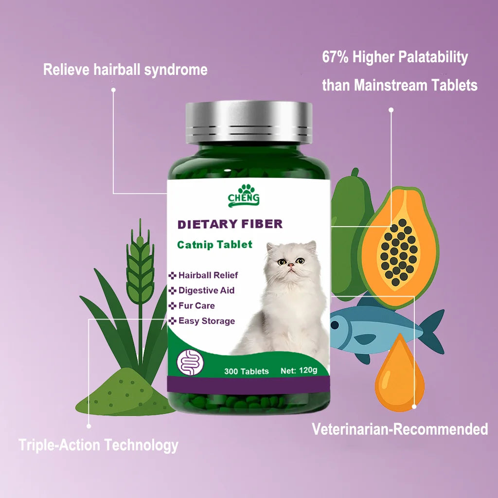 300 Tablets Triple-Action Hairball Control Chews for Cats - Papain Enzyme & Anchovy Oil, Gentle Hair Removal + Digestive Care