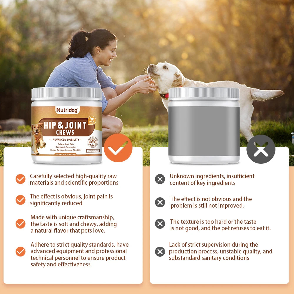 Hip and Joint Supplement for Dogs with Glucosamine, Chondroitin, and MSM - Duck Flavor Chews for Joint Health