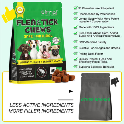 Natural Flea and Tick Prevention for Dogs - 60 Fast-Acting Chewables for All Breeds and Ages