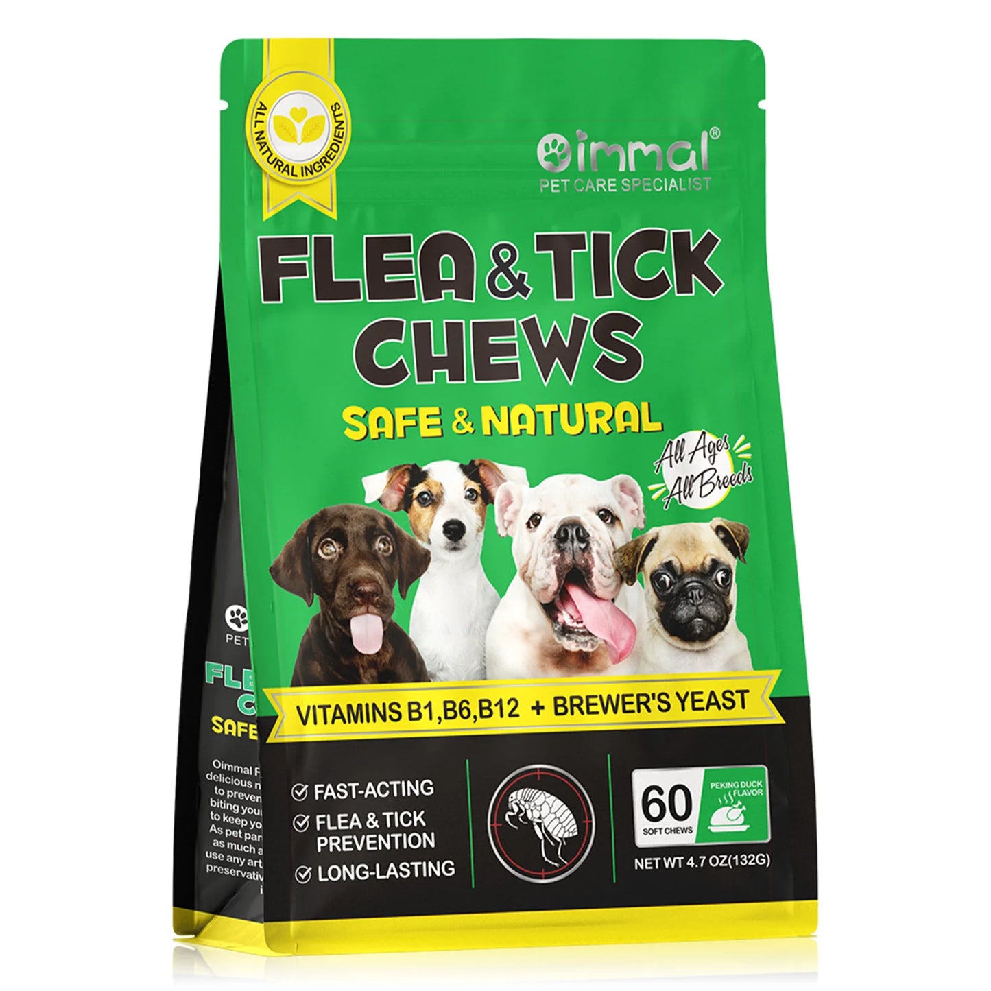 Natural Flea and Tick Prevention for Dogs - 60 Fast-Acting Chewables for All Breeds and Ages