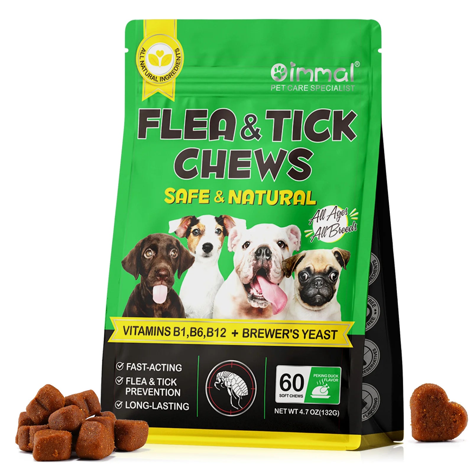 Natural Flea and Tick Prevention for Dogs - 60 Fast-Acting Chewables for All Breeds and Ages