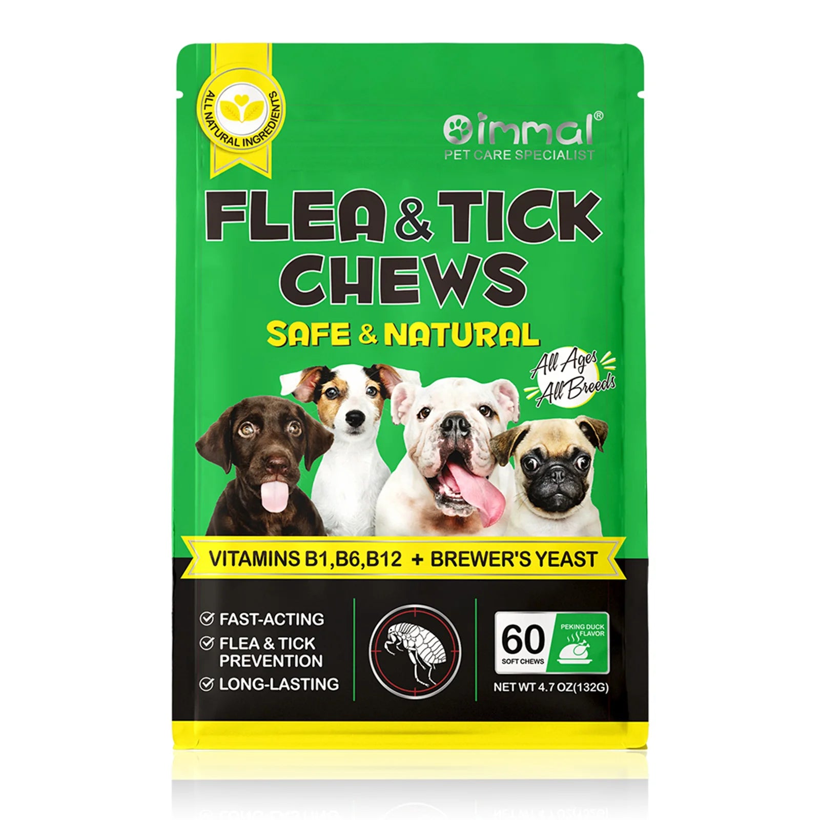 Natural Flea and Tick Prevention for Dogs - 60 Fast-Acting Chewables for All Breeds and Ages