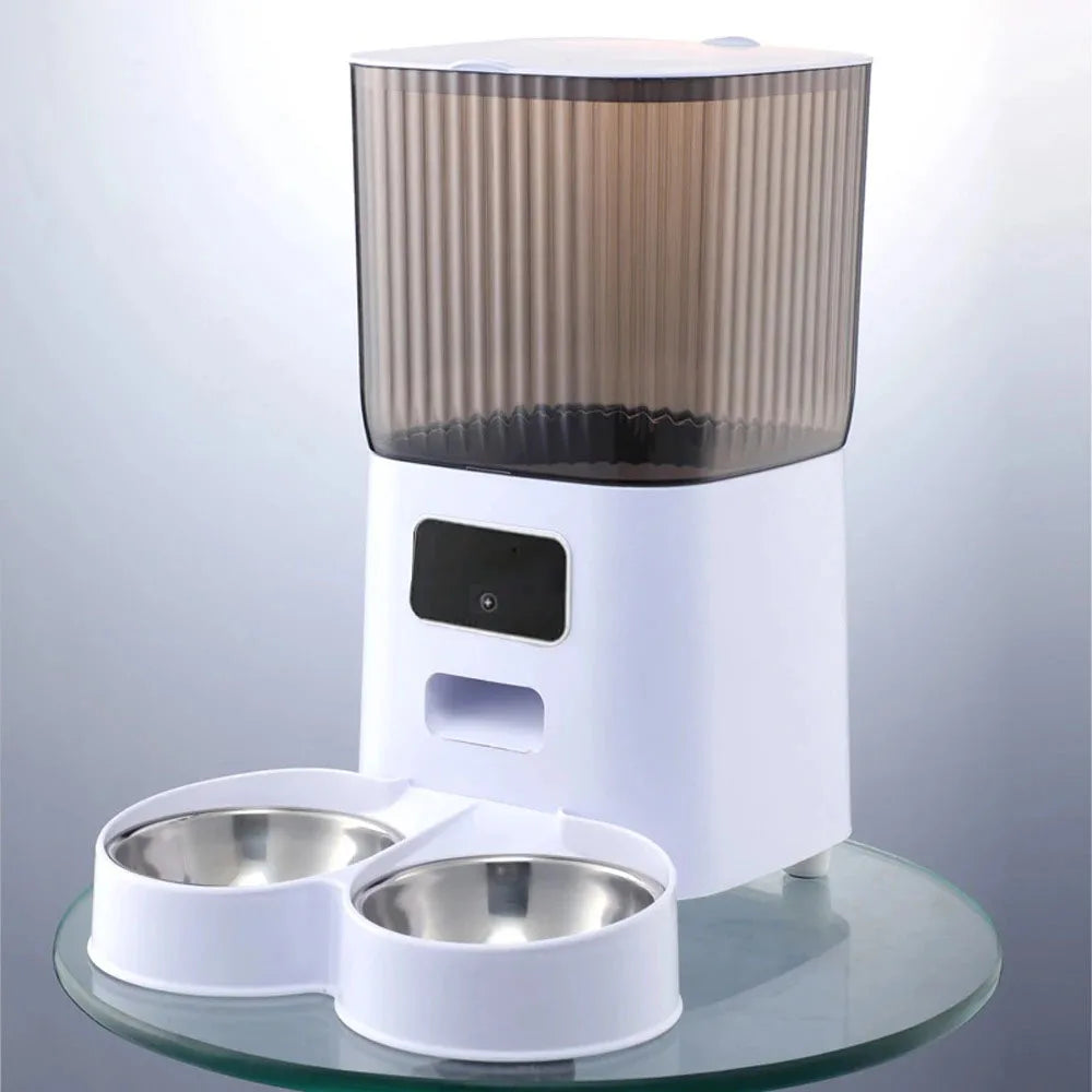 5L Smart Automatic Cat Feeder with Dual Bowls and Integrated Camera, Voice Recorder, and Dry Food Dispenser for Cats and Dogs