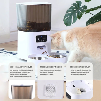 5L Smart Automatic Cat Feeder with Dual Bowls and Integrated Camera, Voice Recorder, and Dry Food Dispenser for Cats and Dogs