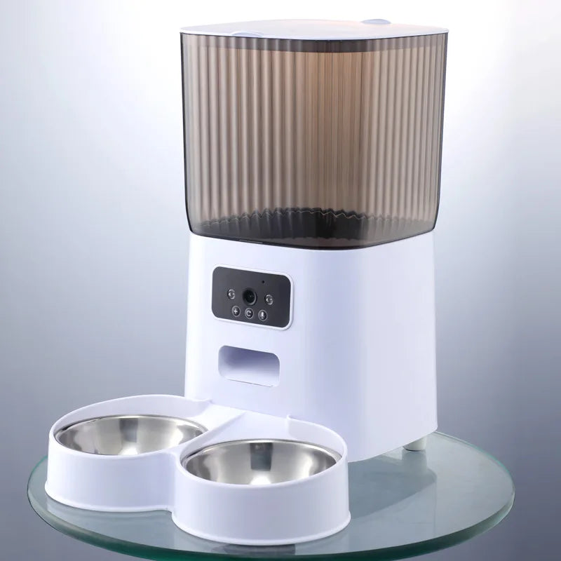 5L Smart Automatic Cat Feeder with Dual Bowls and Integrated Camera, Voice Recorder, and Dry Food Dispenser for Cats and Dogs