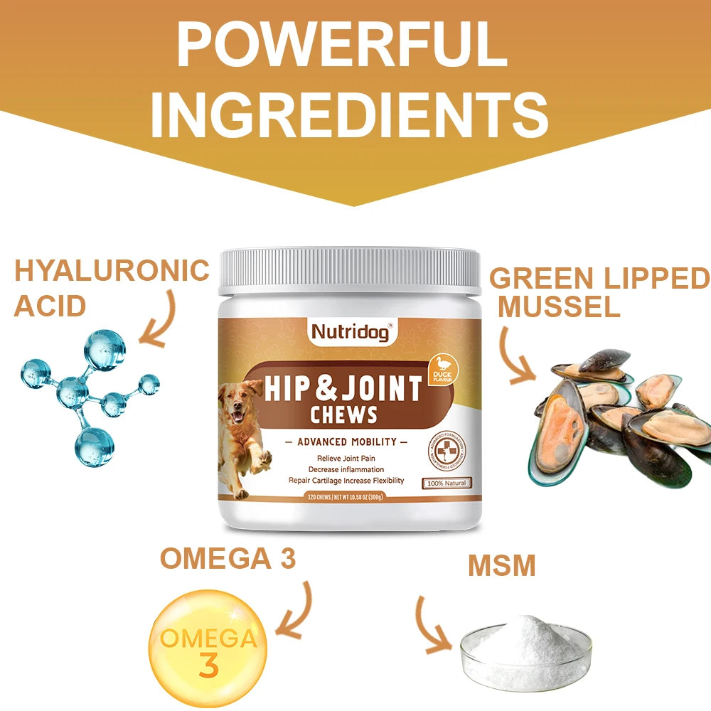 Hip and Joint Supplement for Dogs with Glucosamine, Chondroitin, and MSM - Duck Flavor Chews for Joint Health
