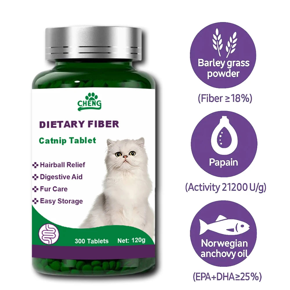 300 Tablets Triple-Action Hairball Control Chews for Cats - Papain Enzyme & Anchovy Oil, Gentle Hair Removal + Digestive Care