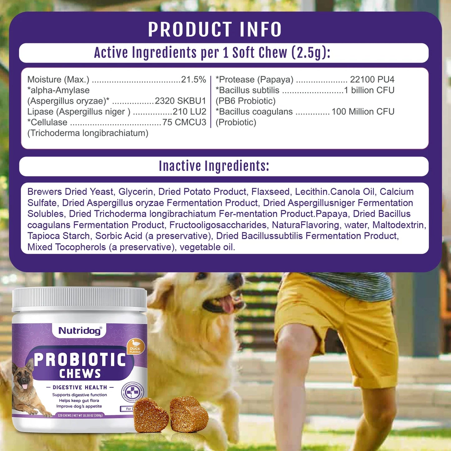 Duck Flavor Probiotic Chews for Dogs - Promotes Gut Health, Digestive Balance, and Relief from Seasonal Allergies and Itchy Skin