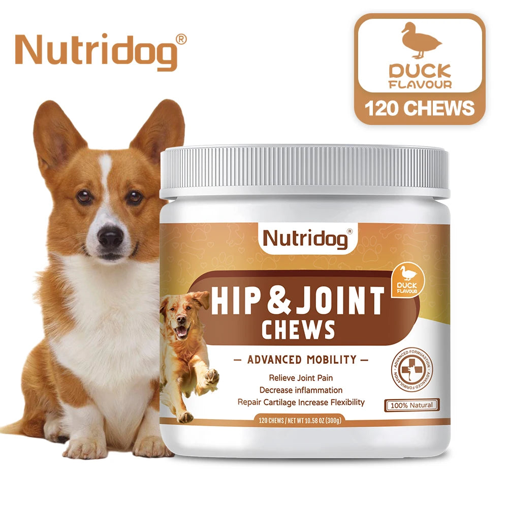 Hip and Joint Supplement for Dogs with Glucosamine, Chondroitin, and MSM - Duck Flavor Chews for Joint Health