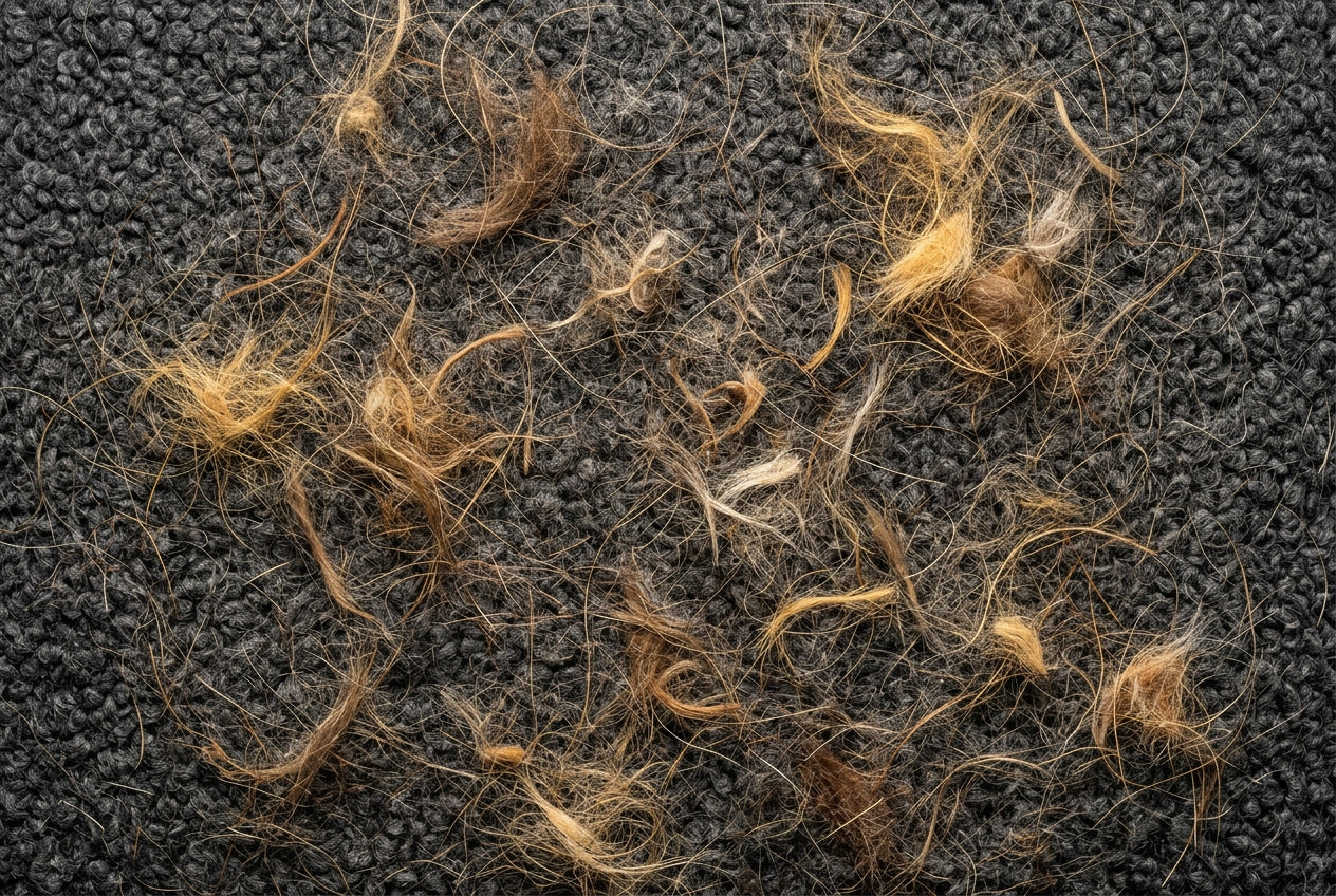 Charcoal wool fabric covered in pet hair before cleaning with FurLift